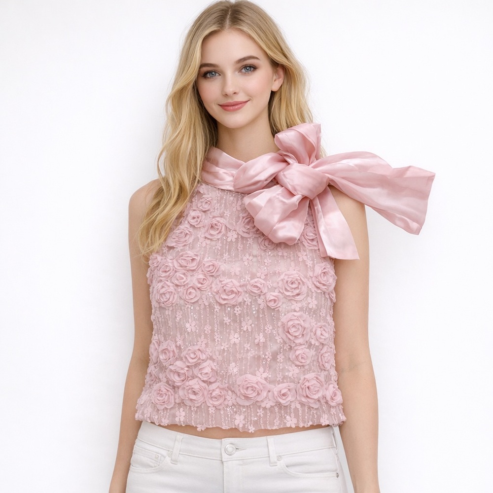 MOTF Blush Pastel Baby Pink Floral Rosette Halter Top with Organza Neck Bow